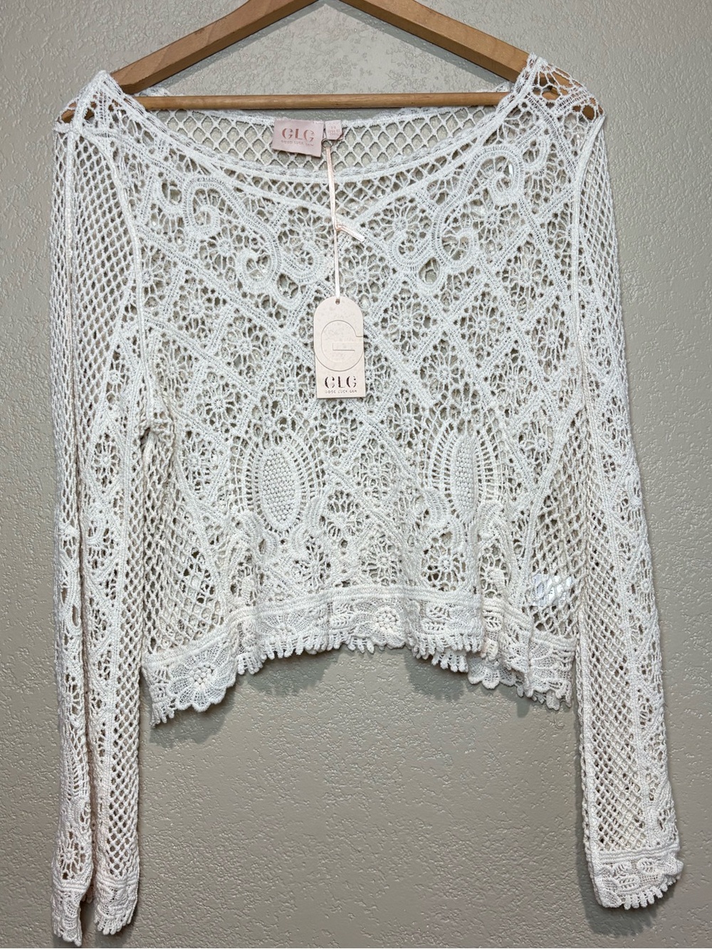 Good Luck Gem Women’s Cream Cropped Crochet Lace Shirt